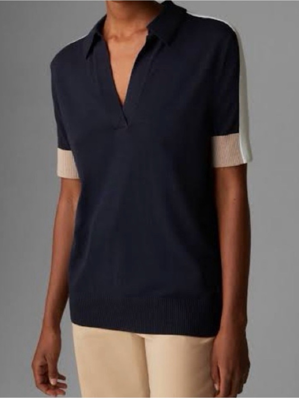 BOGNER Celin Navy Silk Cashmere Blend V-Neckline Knit Polo Size 6